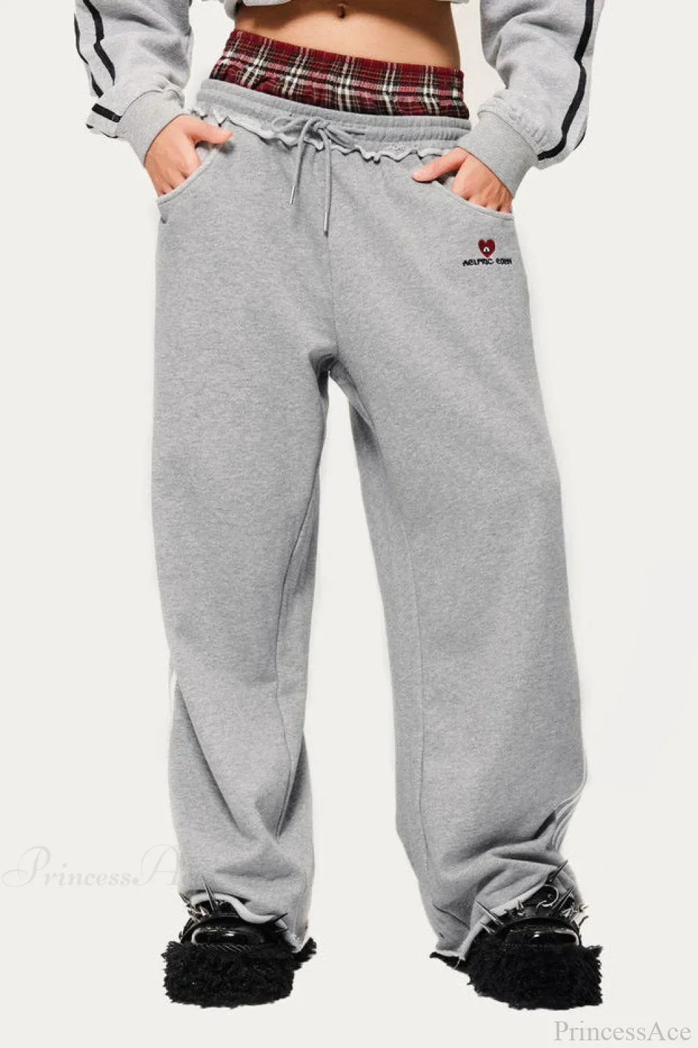 Stripe Plaid Panel Double Waist Wide Leg Pants - Image 2