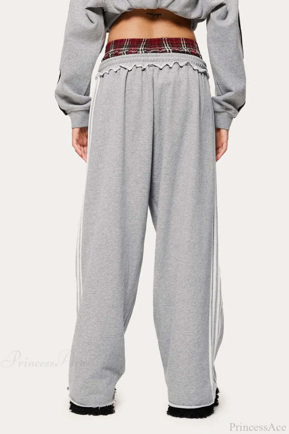 Stripe Plaid Panel Double Waist Wide Leg Pants - Image 3