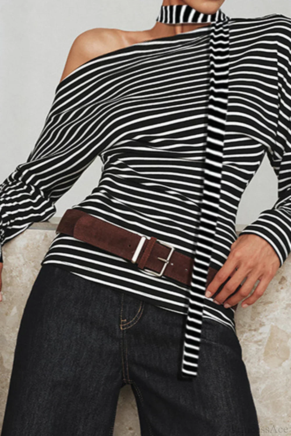 Striped Asymmetrical Shoulder Long Sleeve Tee - Image 2