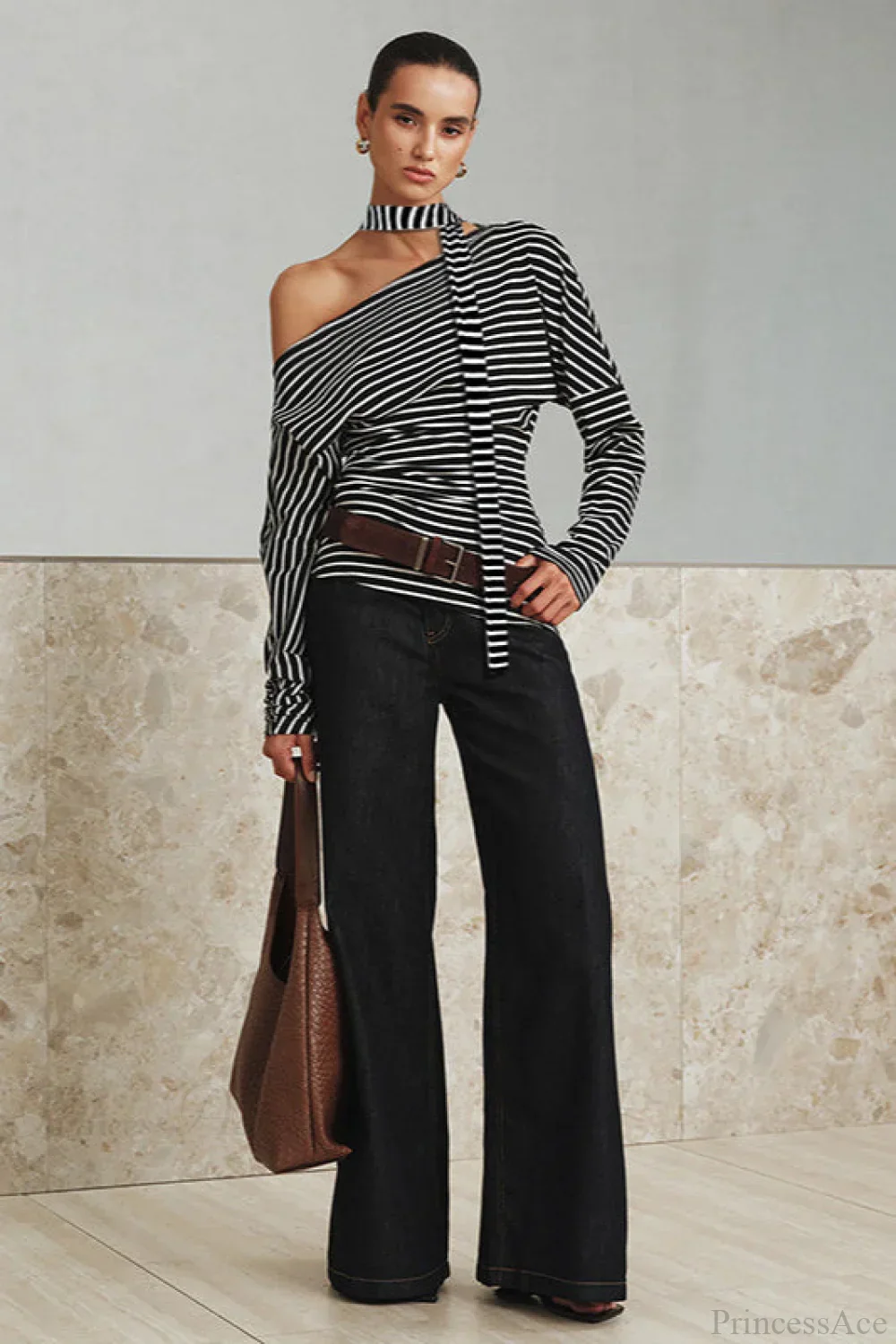 Striped Asymmetrical Shoulder Long Sleeve Tee - Image 3