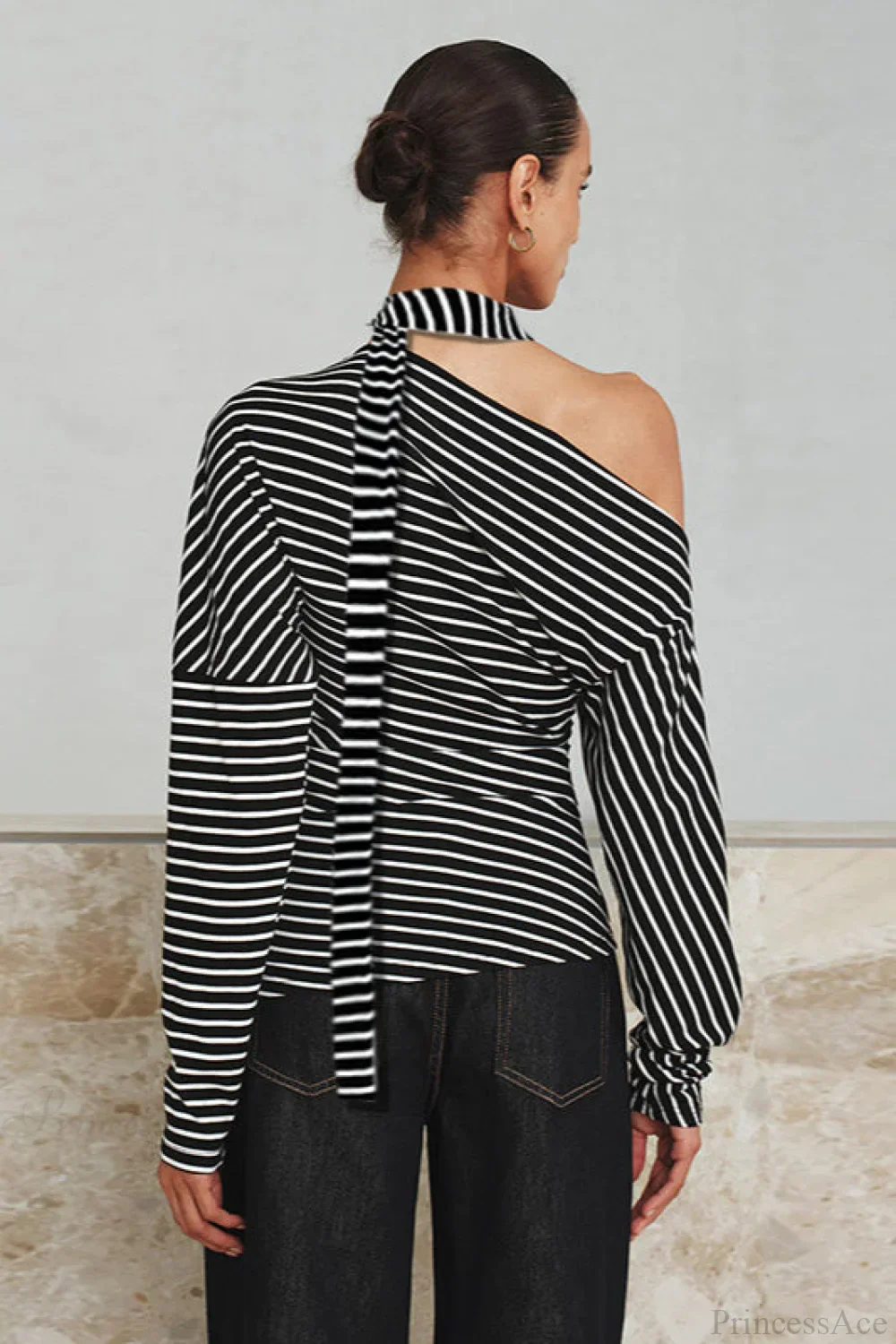 Striped Asymmetrical Shoulder Long Sleeve Tee - Image 4