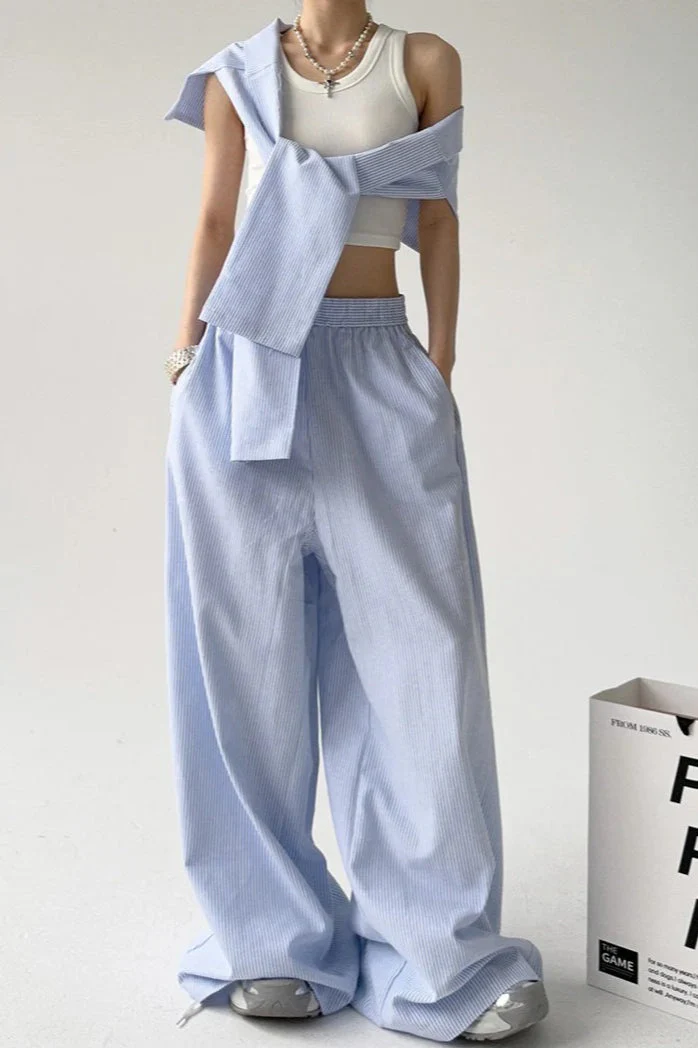 Striped Casual Tie Waist Wide Leg Pants - Image 3