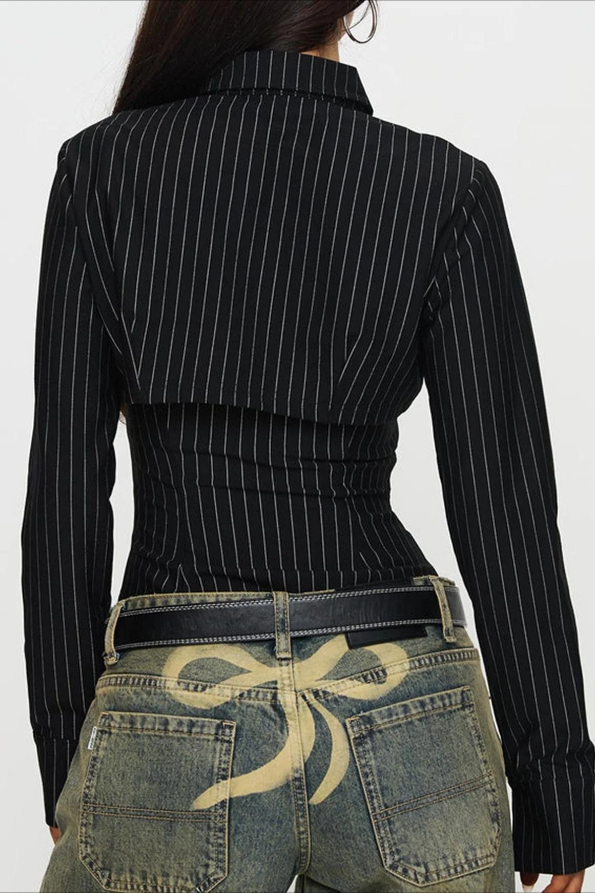 Striped Collared Buttoned Hollow Long Sleeve Blouse - Image 4