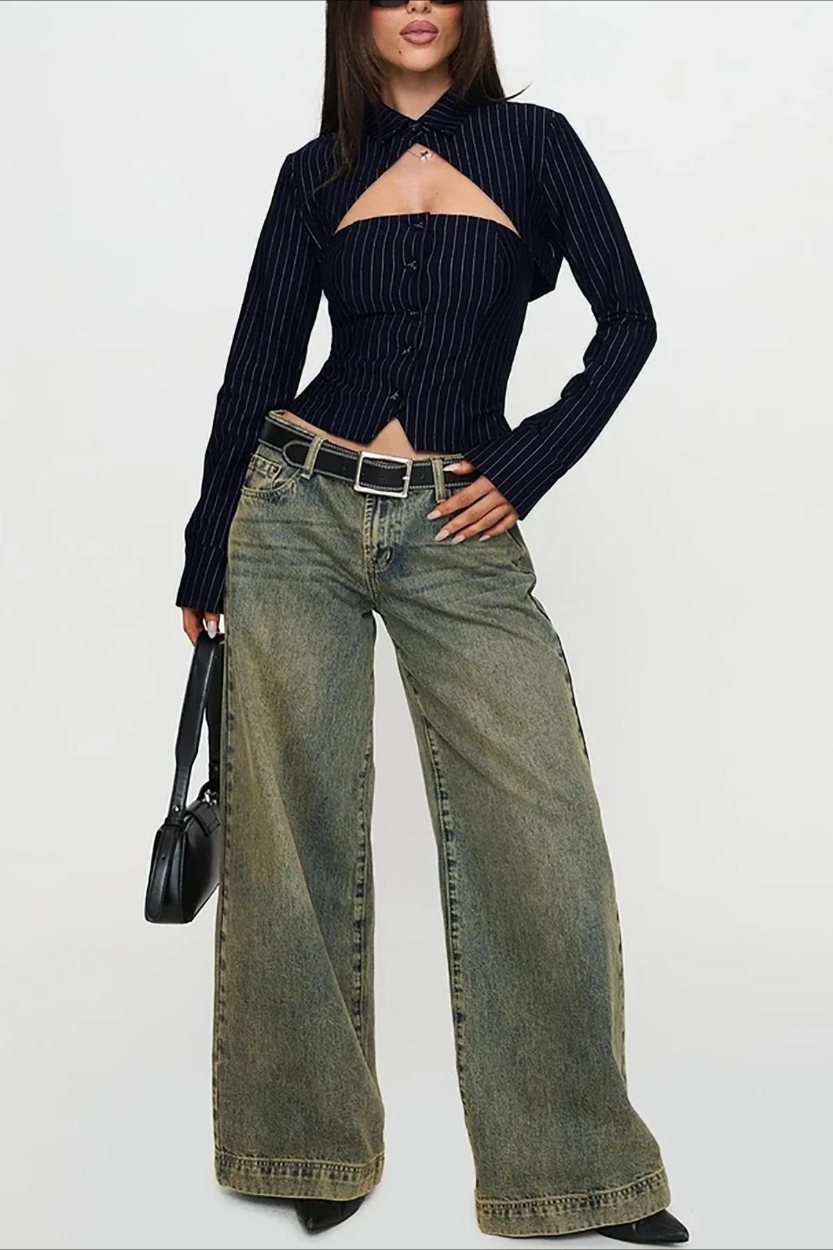Striped Collared Buttoned Hollow Long Sleeve Blouse - Image 5