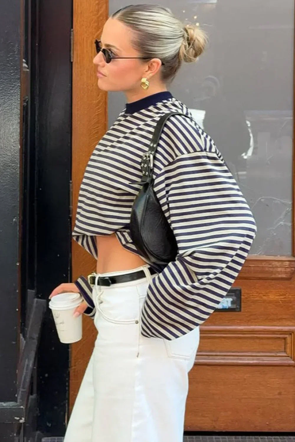 Striped Color Block Crew Neck Loose Long Sleeve Tee - Image 2