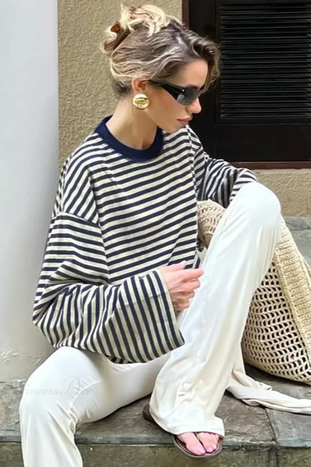 Striped Color Block Crew Neck Loose Long Sleeve Tee - Image 3