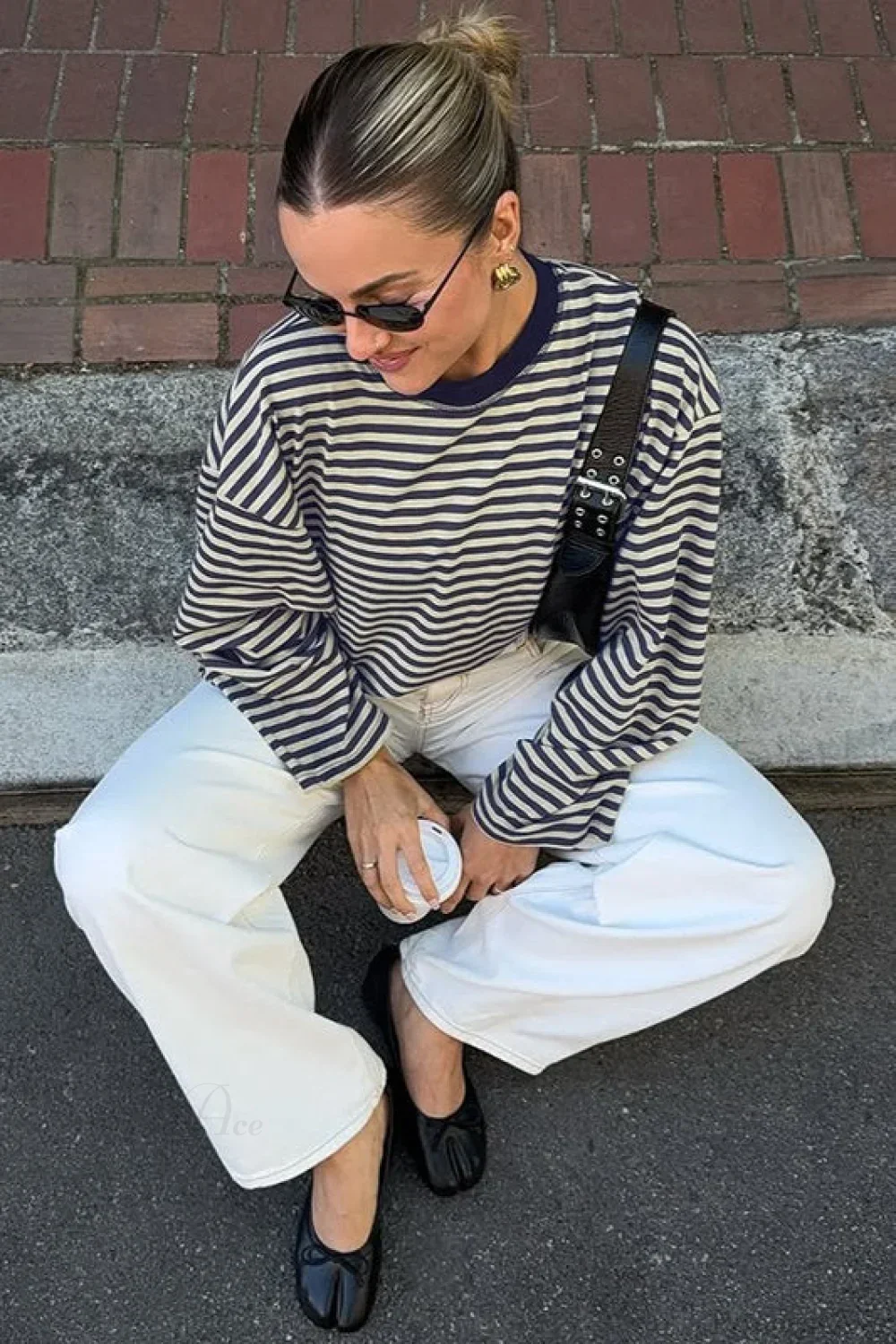 Striped Color Block Crew Neck Loose Long Sleeve Tee - Image 4