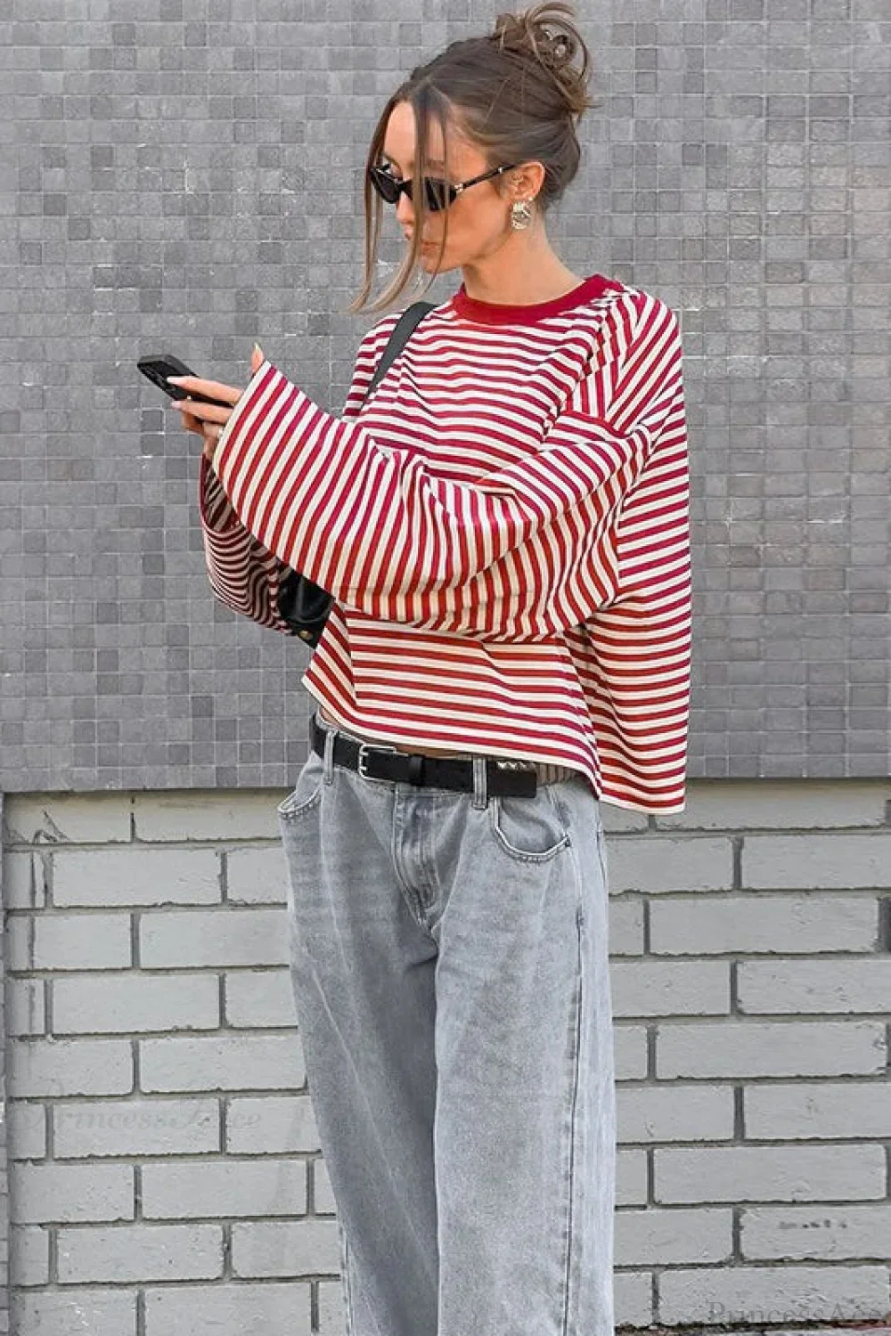 Striped Color Block Crew Neck Loose Long Sleeve Tee - Image 5