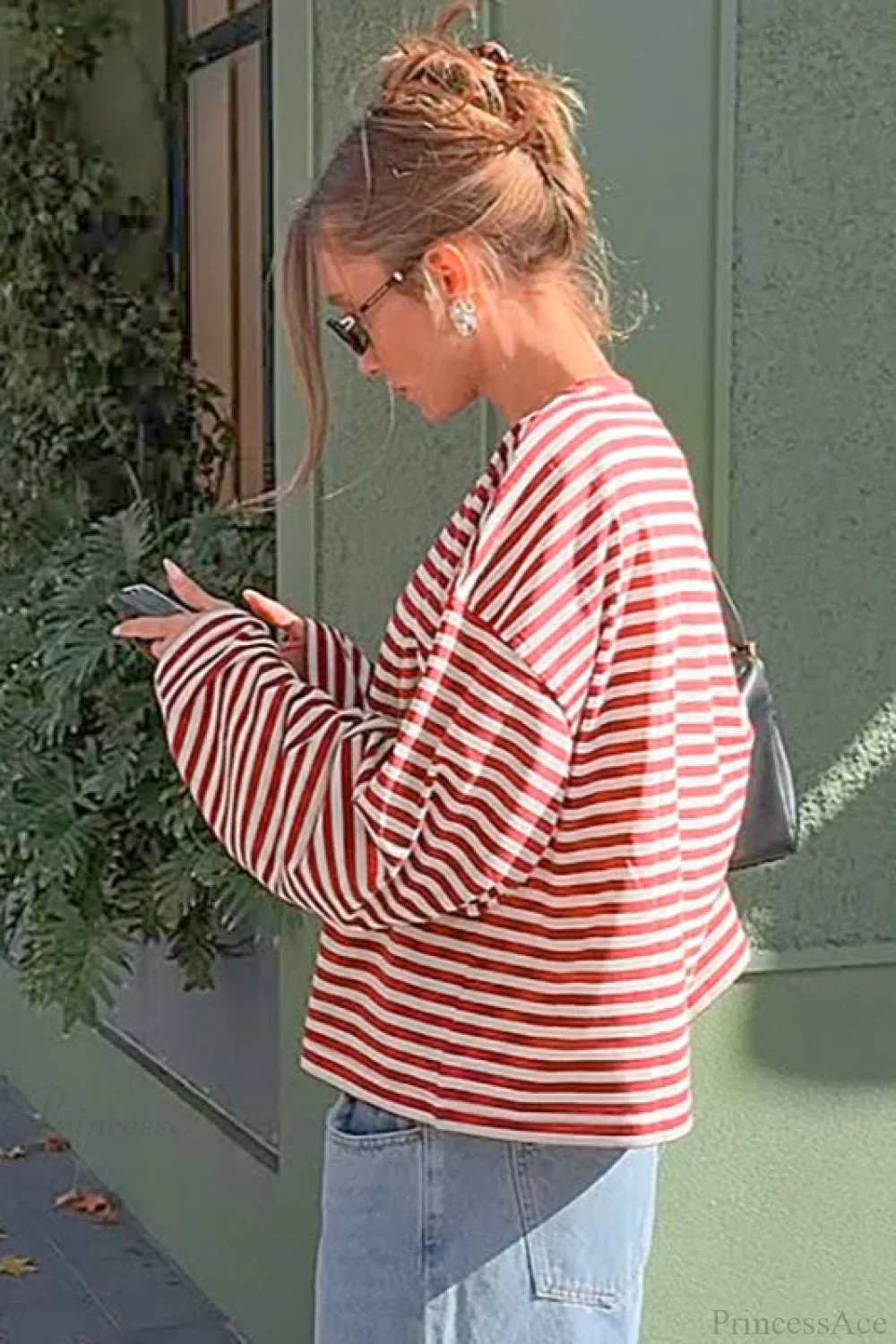 Striped Color Block Crew Neck Loose Long Sleeve Tee - Image 6