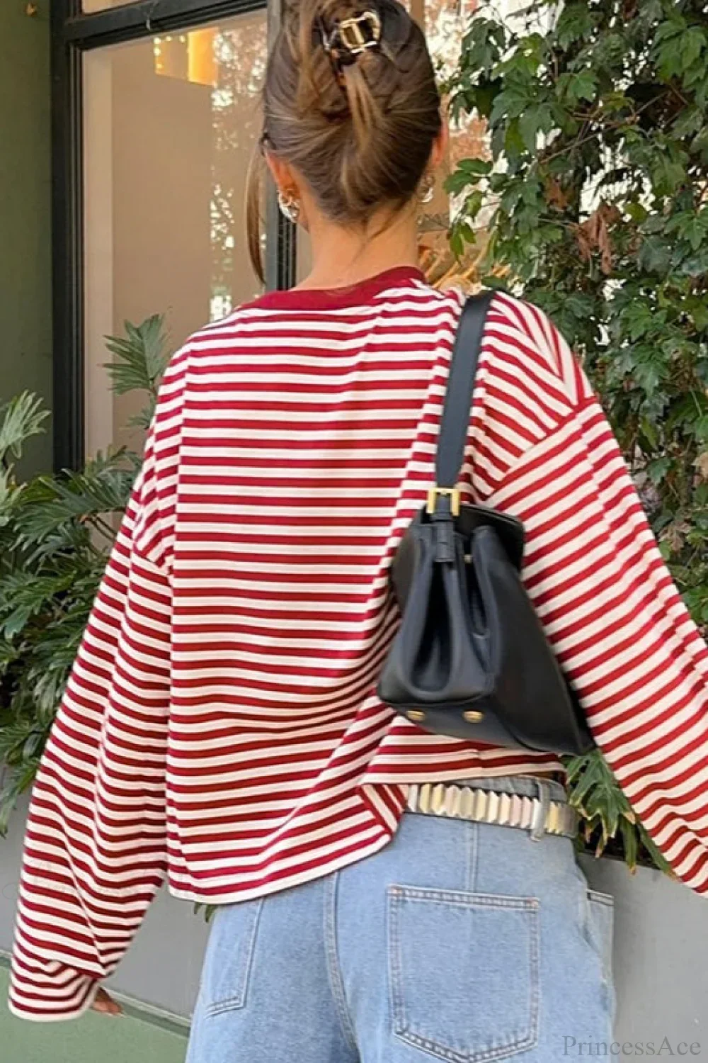 Striped Color Block Crew Neck Loose Long Sleeve Tee - Image 7