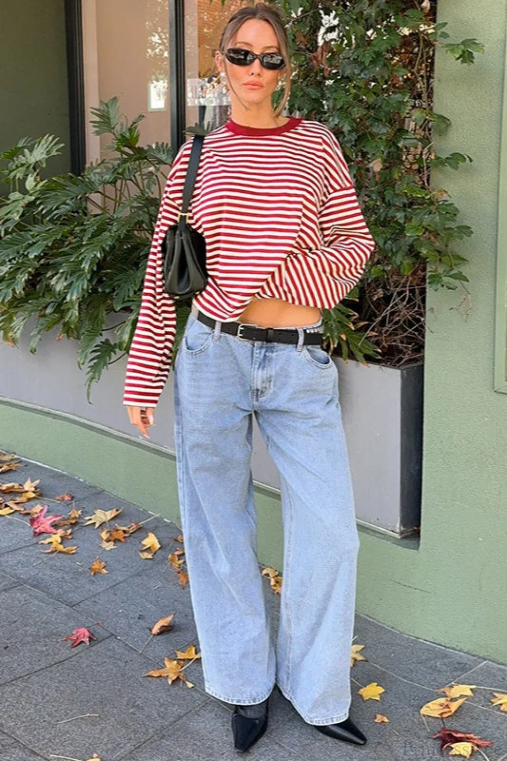 Striped Color Block Crew Neck Loose Long Sleeve Tee - Image 8