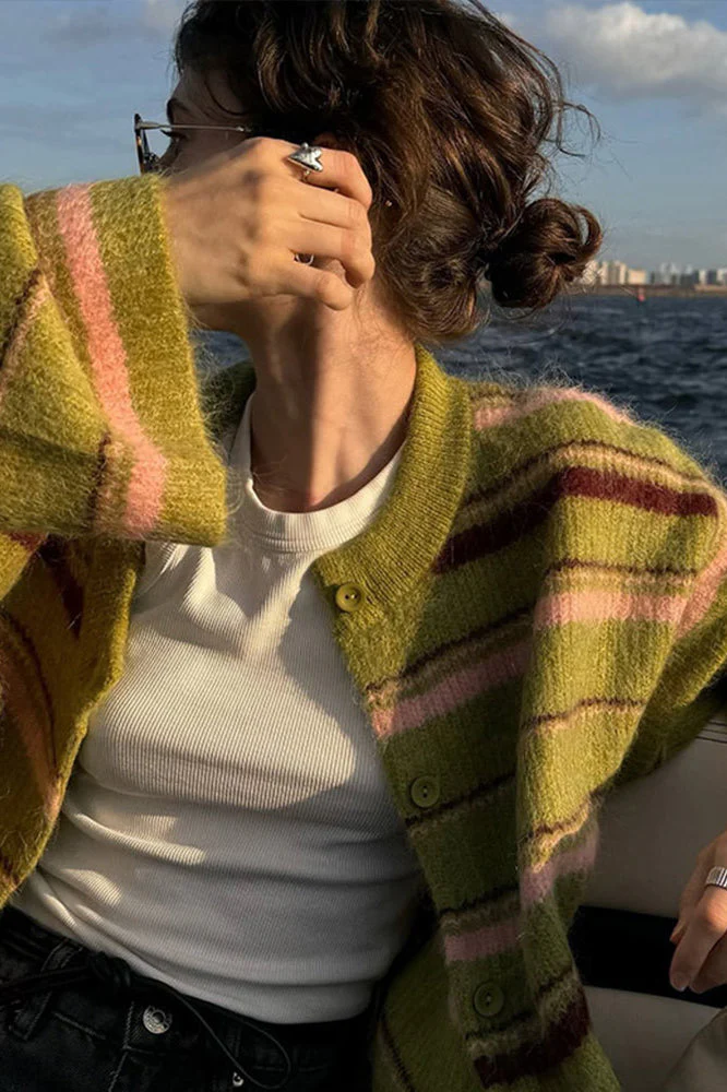 Striped Color Block Knit Loose Cardigan - Image 3