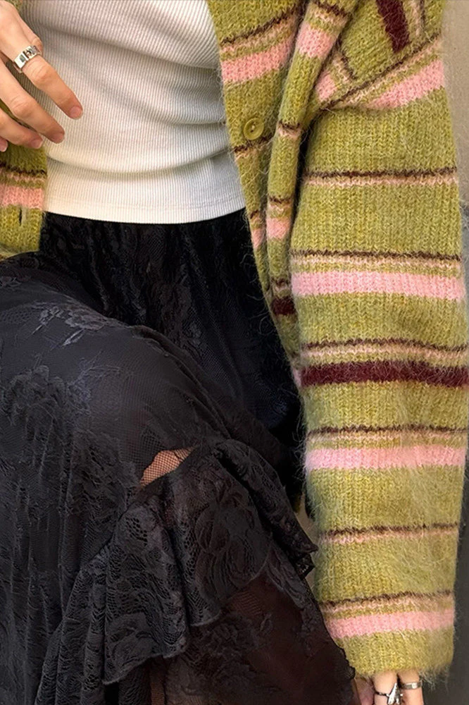 Striped Color Block Knit Loose Cardigan - Image 4