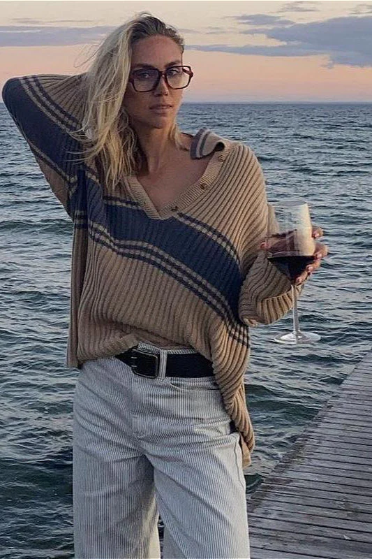 Striped Color Block Long Sleeve Knit Sweater - Image 2