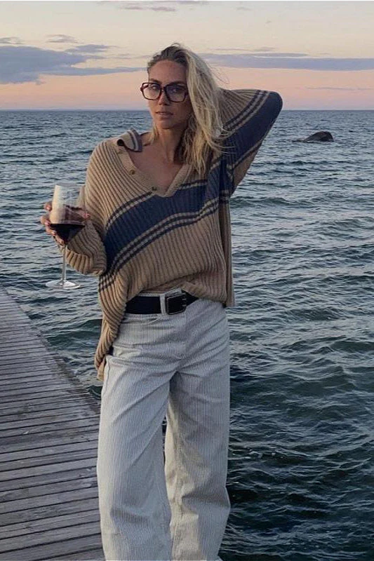Striped Color Block Long Sleeve Knit Sweater - Image 3