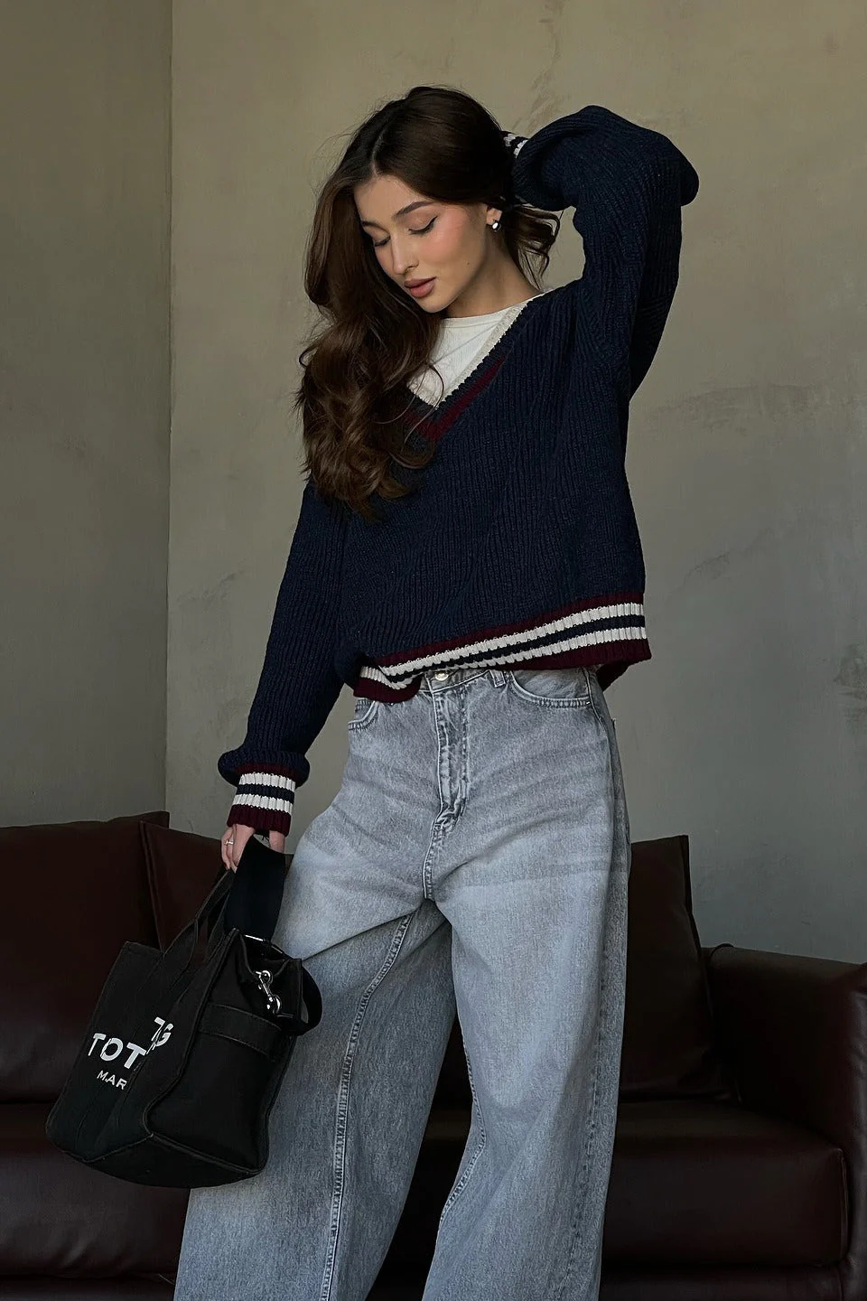 Striped Contrast V Neck Loose Long Sleeve Sweater - Image 2