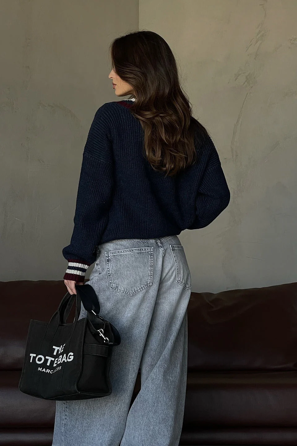 Striped Contrast V Neck Loose Long Sleeve Sweater - Image 3