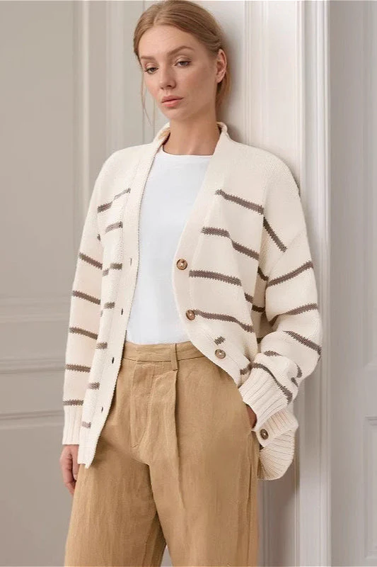 Striped Cotton V Neck Knit Cardigan - Image 2