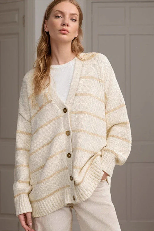 Striped Cotton V Neck Knit Cardigan - Image 3