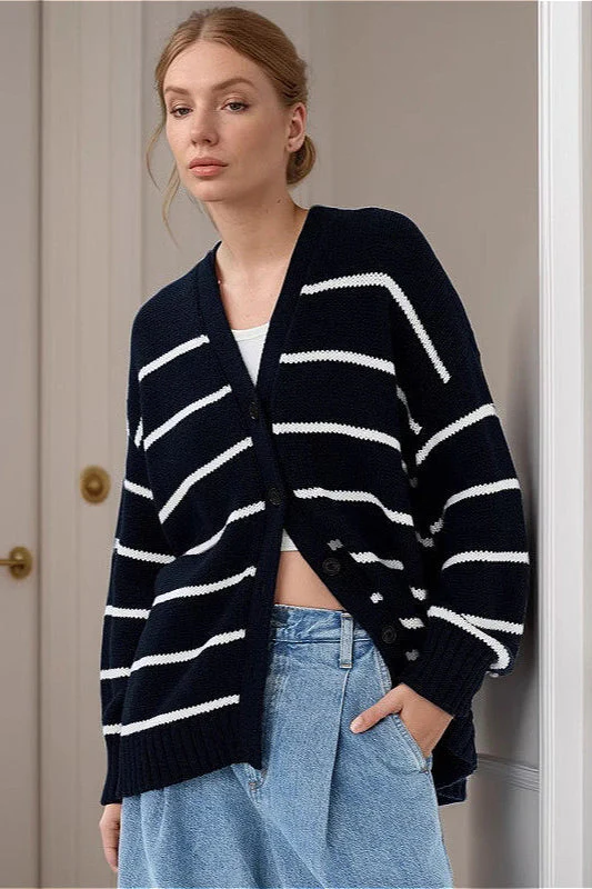Striped Cotton V Neck Knit Cardigan - Image 4