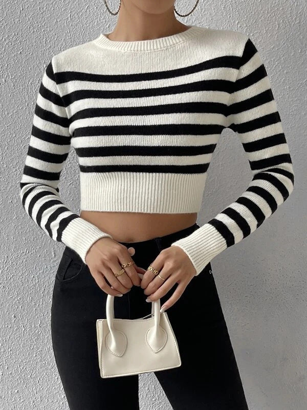 Striped Cropped Crewneck Sexy Knit Sweater - Image 2
