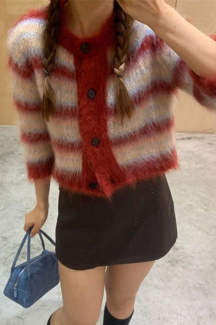 Striped Cropped Round Neck Cardigan - Image 3