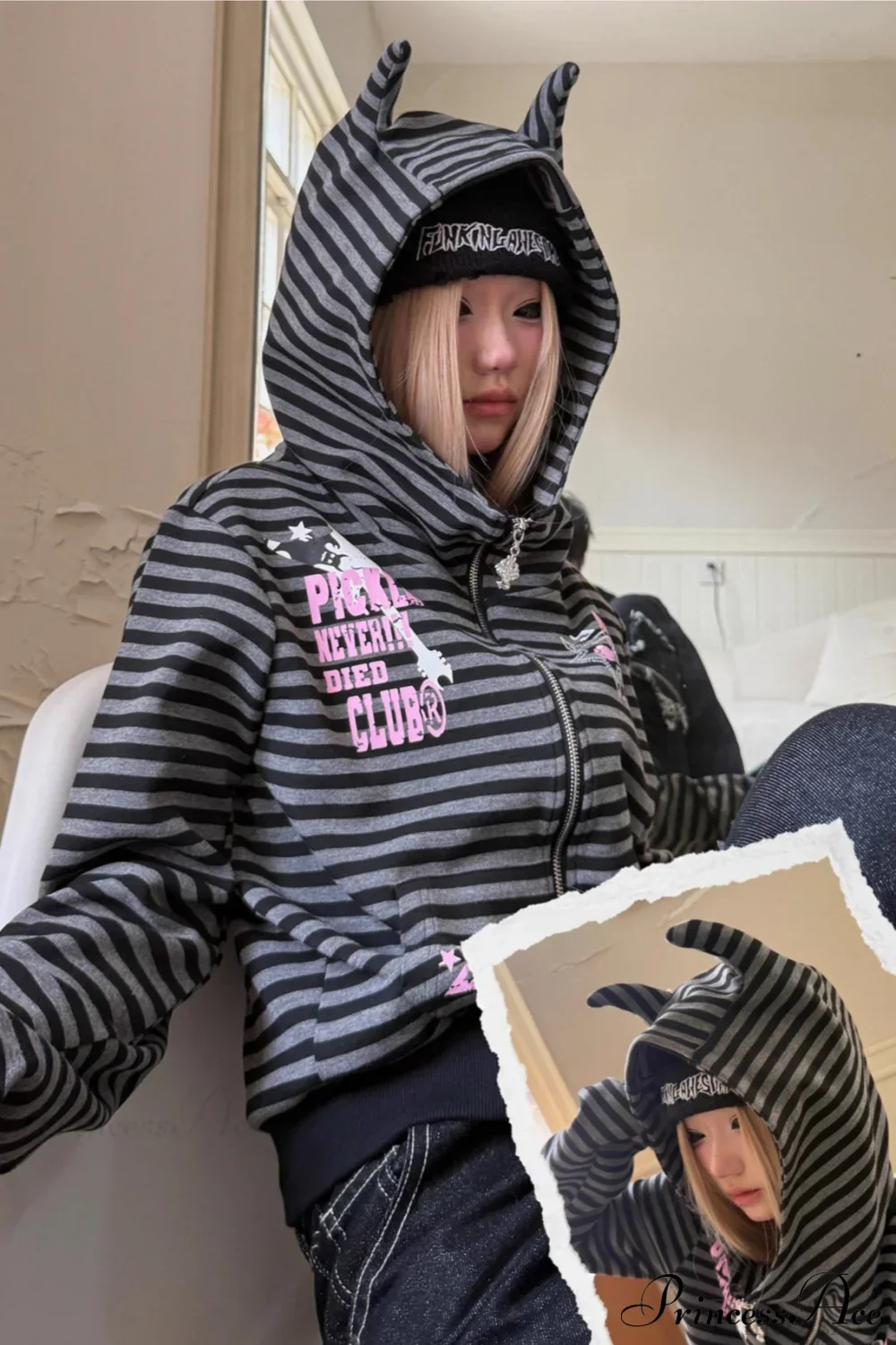 Striped Devil Horn Print Vintage Zip Hoodie - Image 2