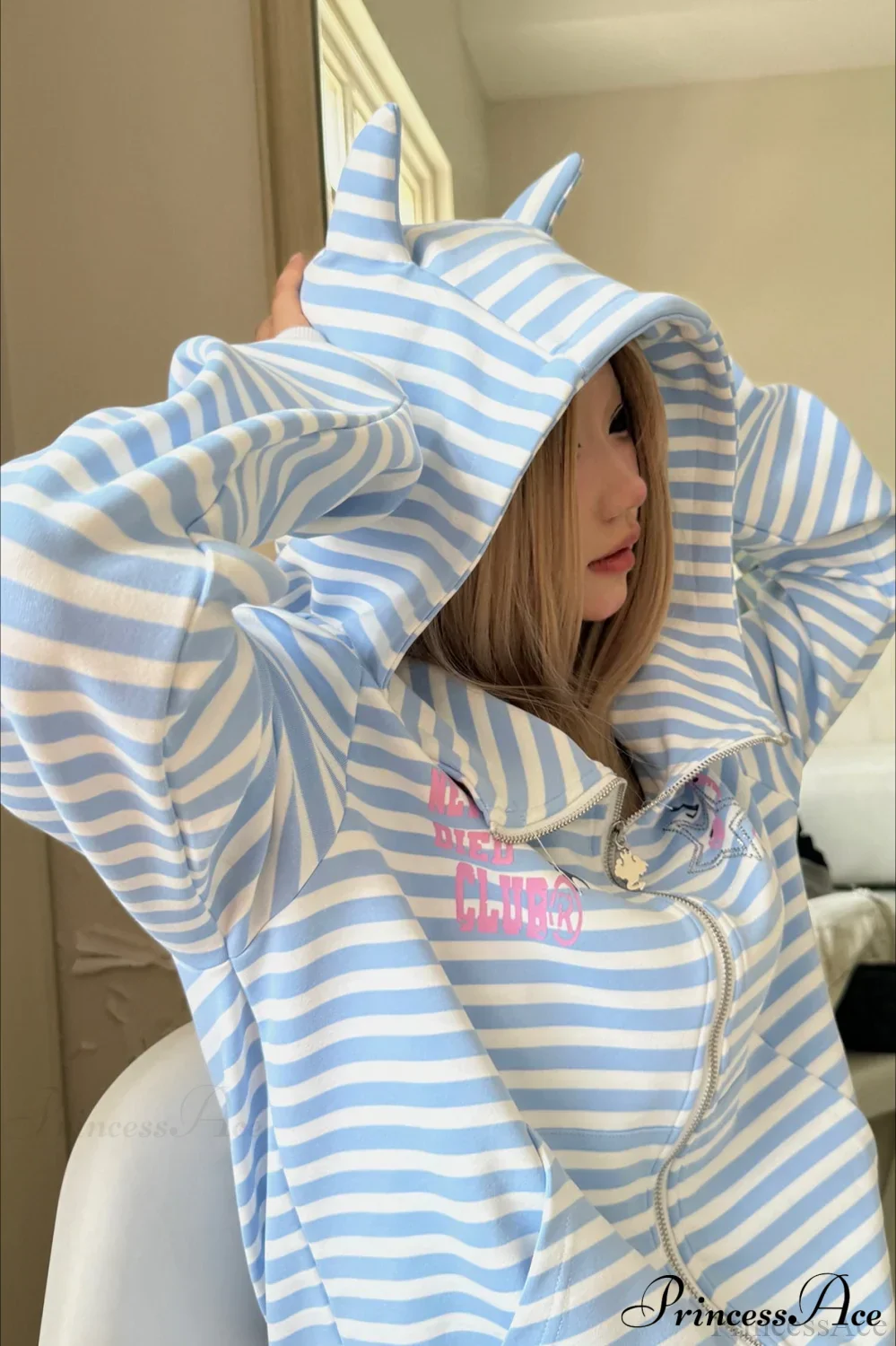 Striped Devil Horn Print Vintage Zip Hoodie - Image 4
