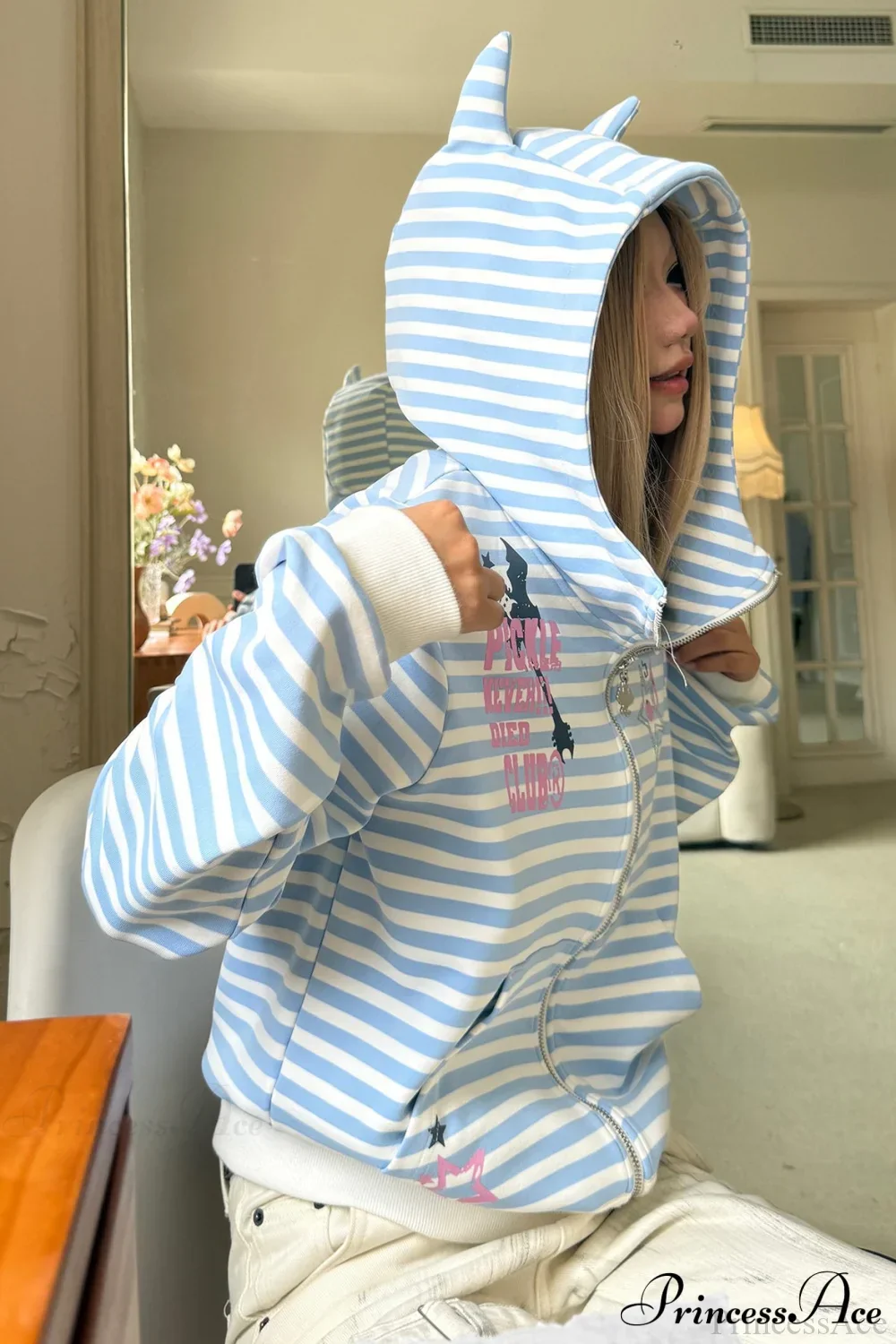 Striped Devil Horn Print Vintage Zip Hoodie - Image 5
