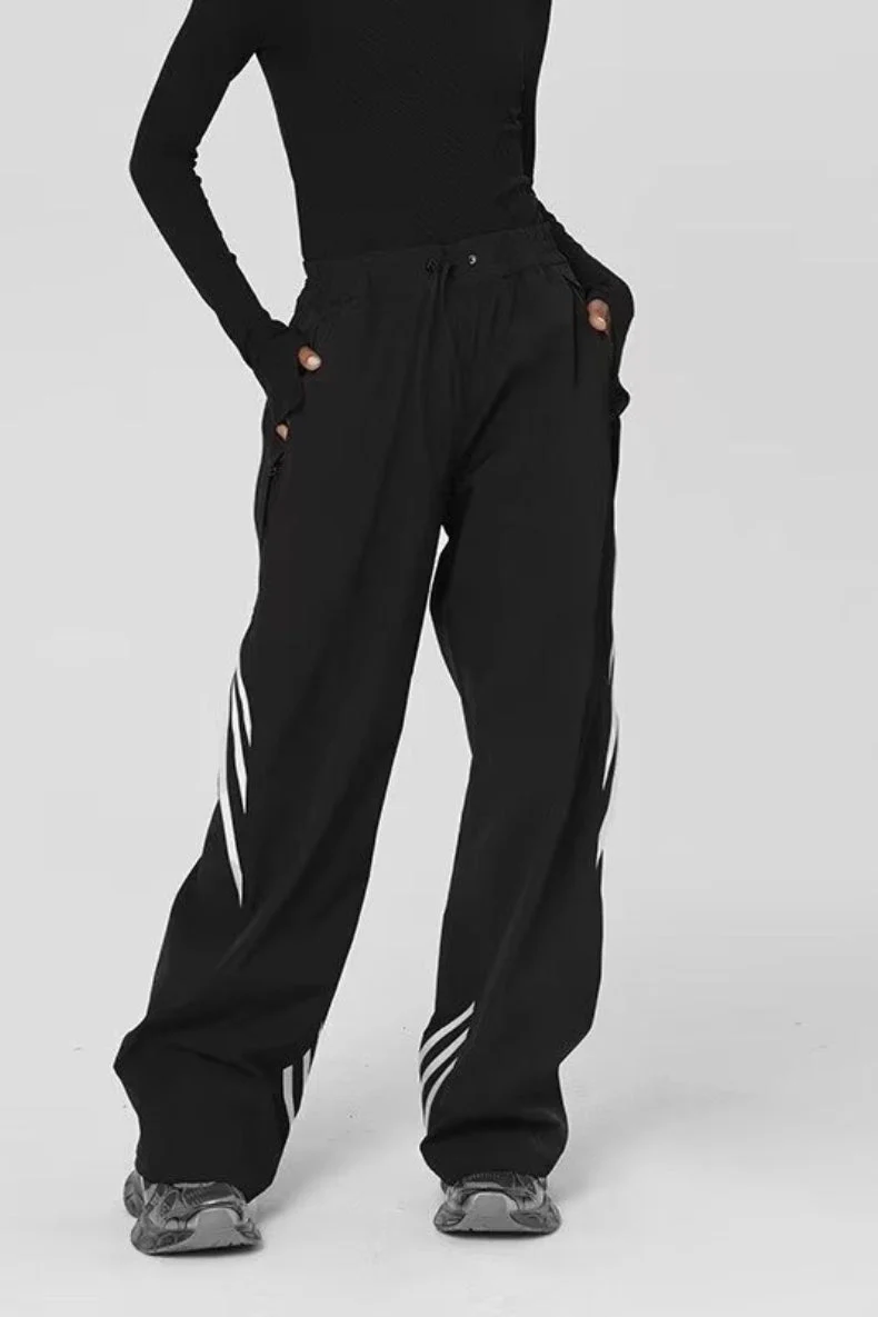 Striped Drapey Straight Wide Leg Athletic Pants - Image 2