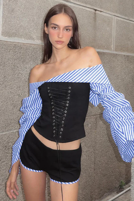 Striped Eyelet Irregular One Shoulder Blouse - Image 2