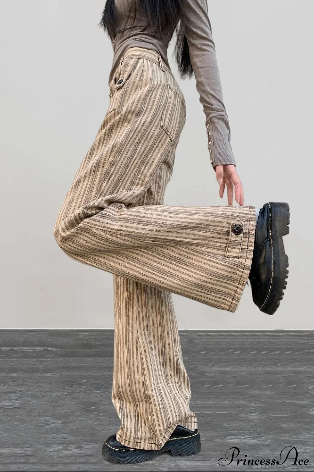 Striped Khaki Low Waist Slim Flared Jeans - Image 2