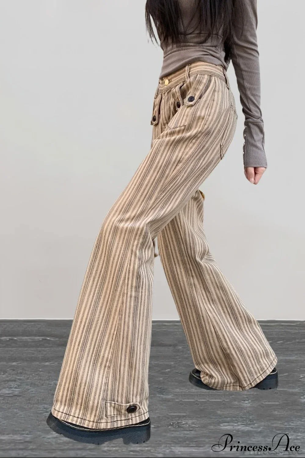 Striped Khaki Low Waist Slim Flared Jeans - Image 3
