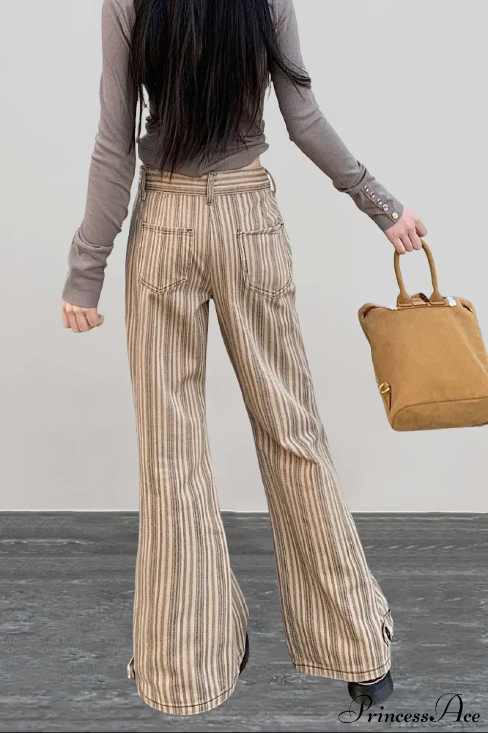 Striped Khaki Low Waist Slim Flared Jeans - Image 4