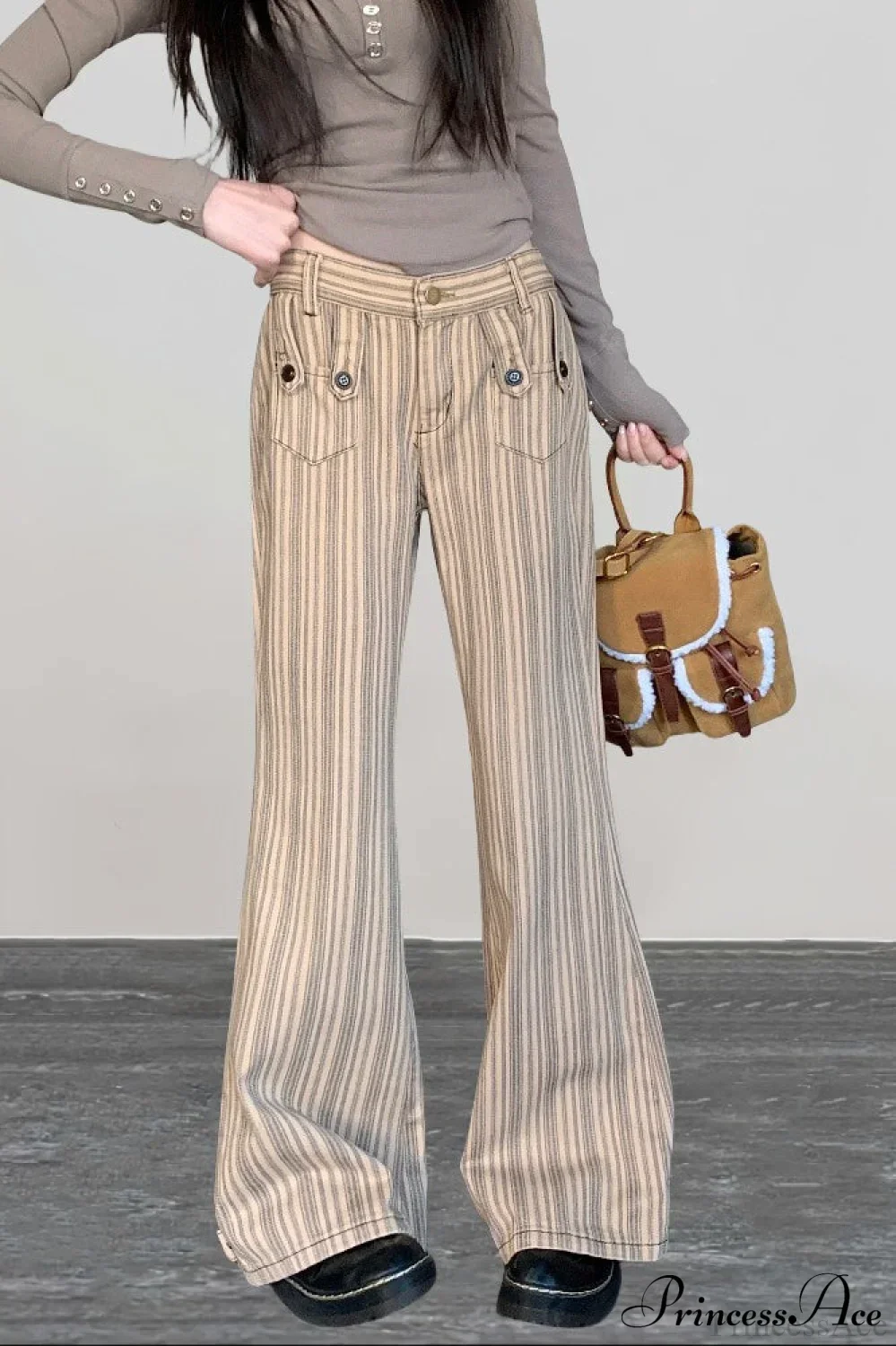 Striped Khaki Low Waist Slim Flared Jeans - Image 5