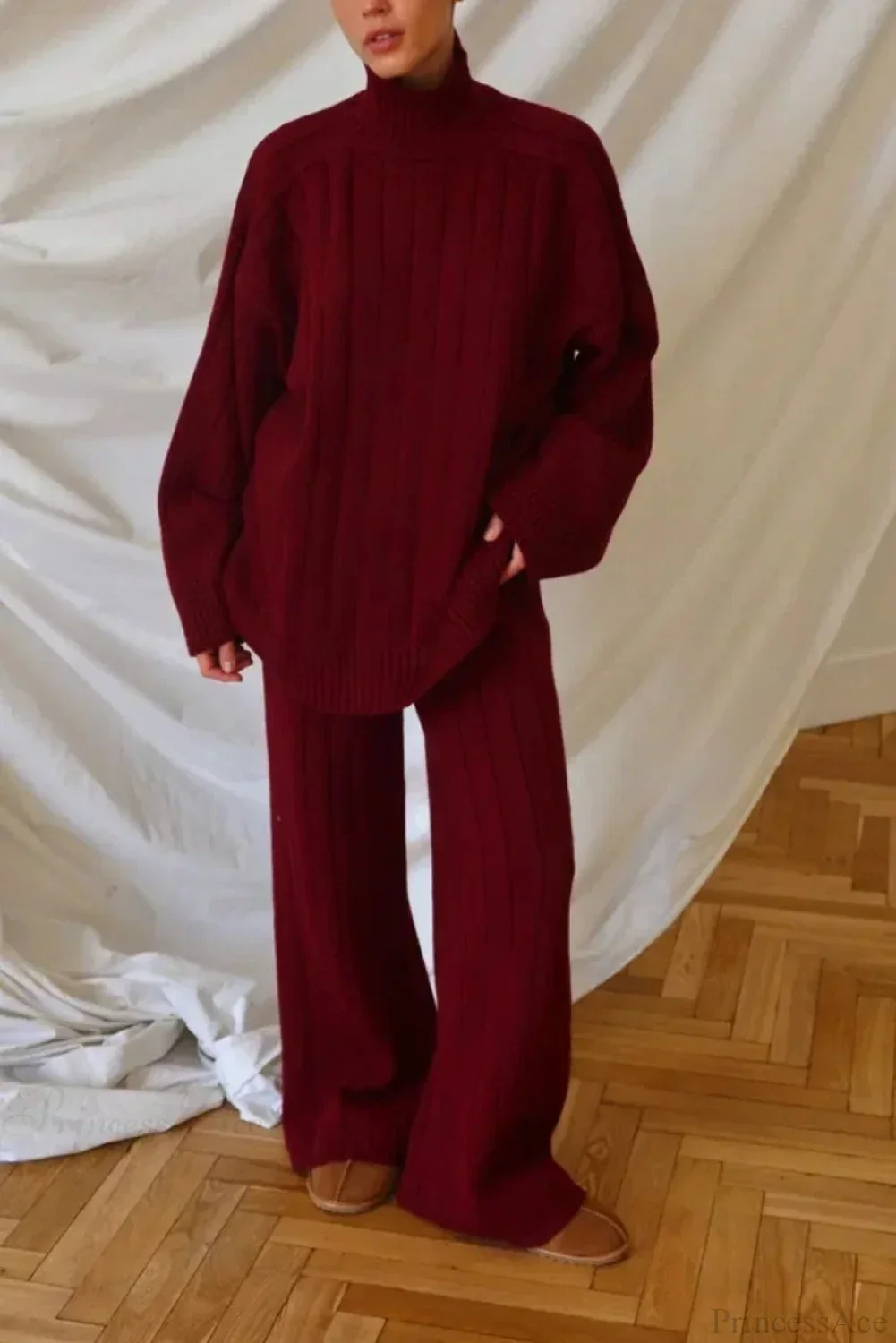 Striped Knit Elegant Sweater Wide-Leg Pants Two Piece Set - Image 11