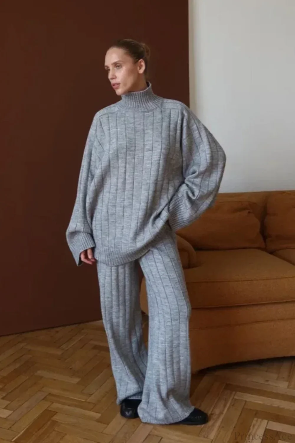 Striped Knit Elegant Sweater Wide-Leg Pants Two Piece Set - Image 2