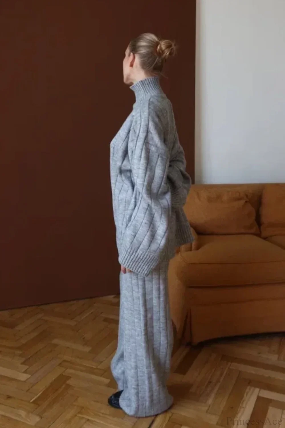Striped Knit Elegant Sweater Wide-Leg Pants Two Piece Set - Image 3