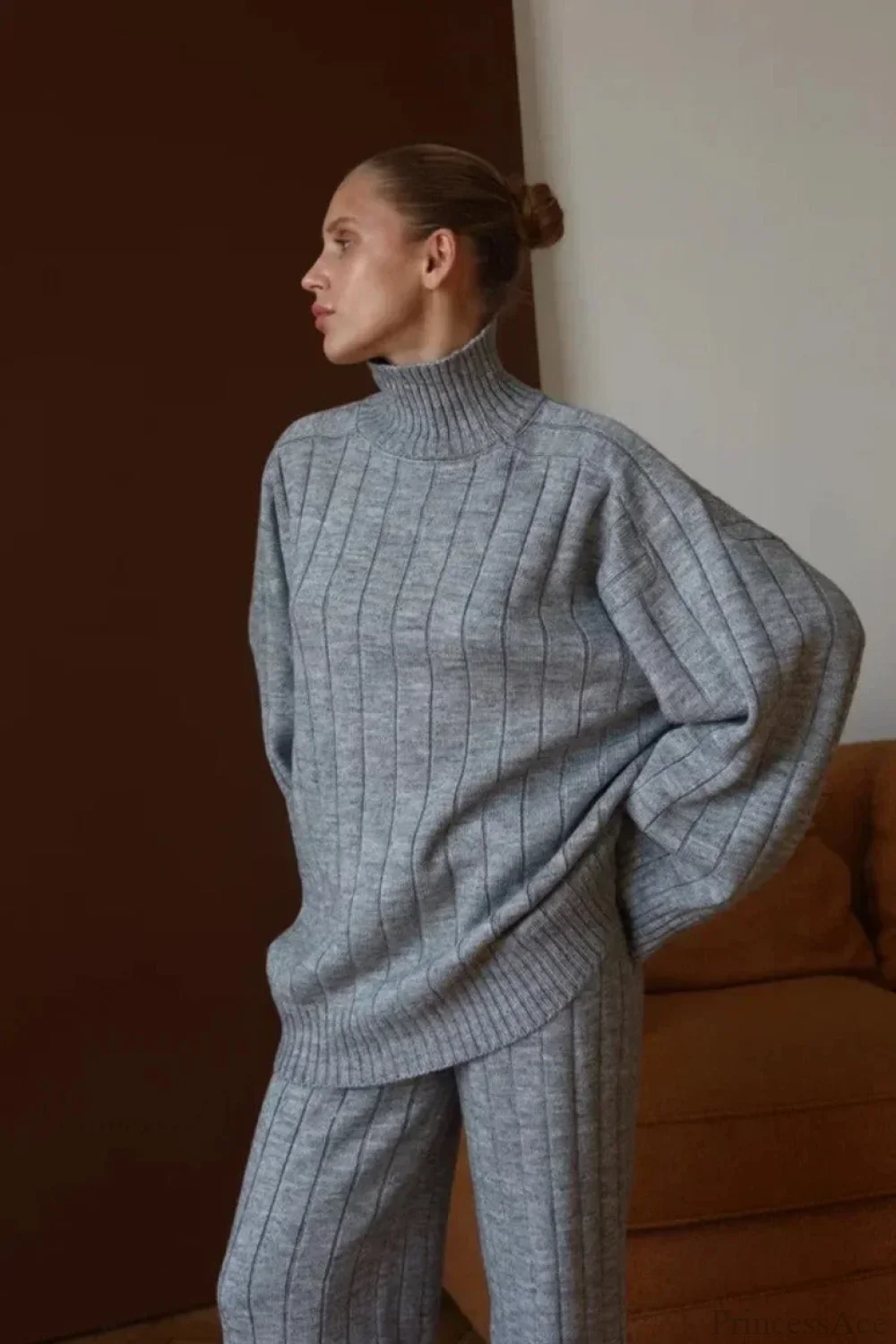 Striped Knit Elegant Sweater Wide-Leg Pants Two Piece Set - Image 4
