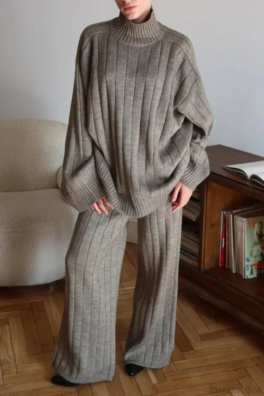 Striped Knit Elegant Sweater Wide-Leg Pants Two Piece Set - Image 6