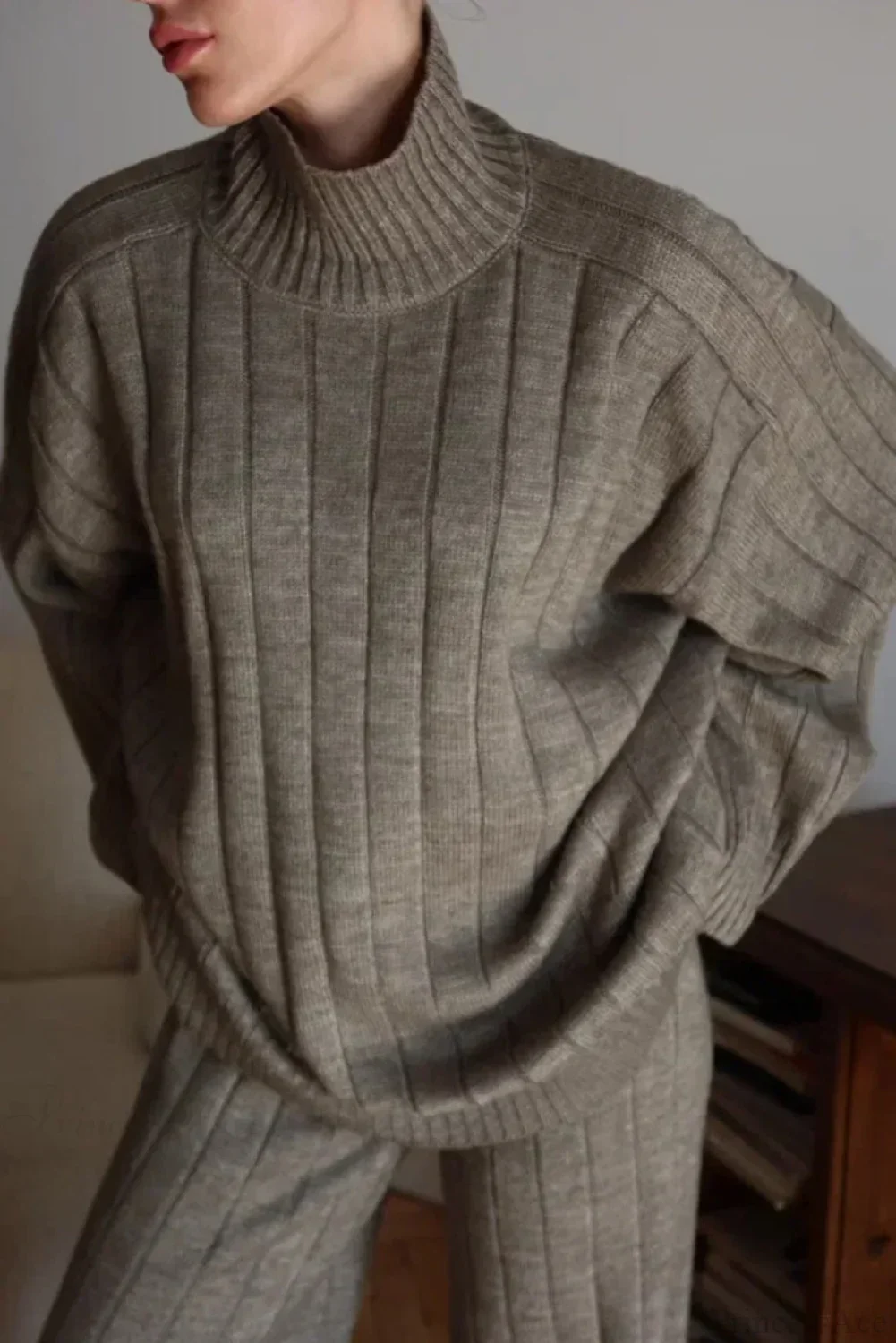 Striped Knit Elegant Sweater Wide-Leg Pants Two Piece Set - Image 7