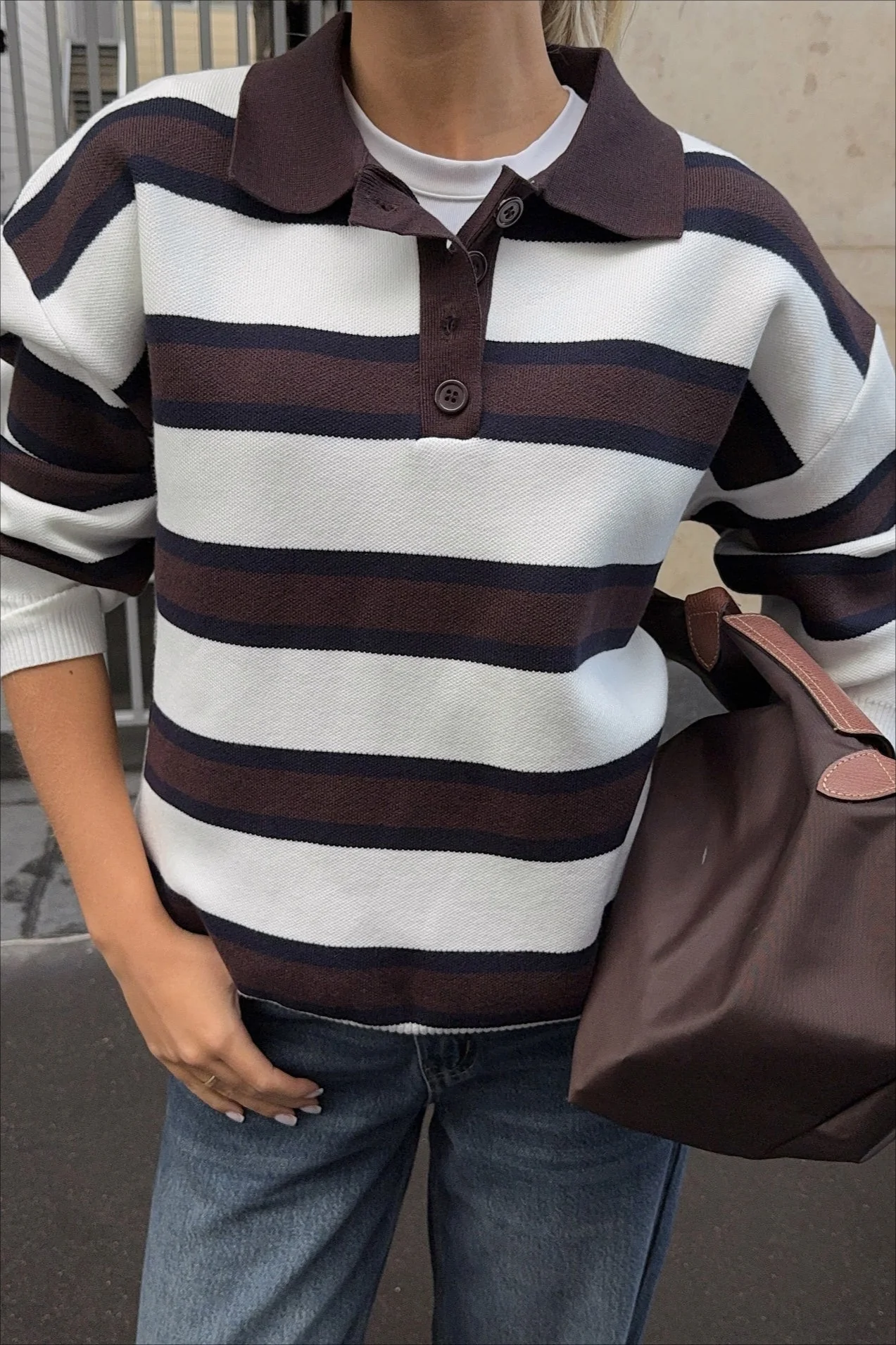 Striped Knit Polo Retro Loose Sweater - Image 2