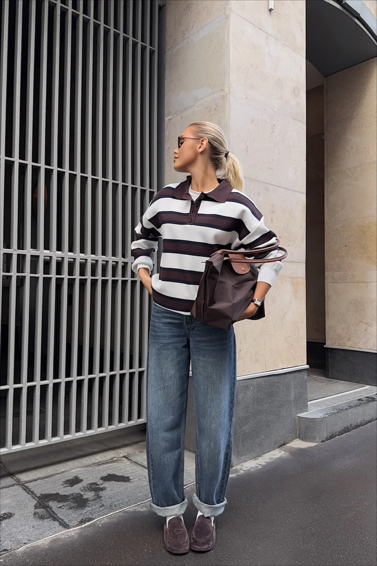 Striped Knit Polo Retro Loose Sweater - Image 3
