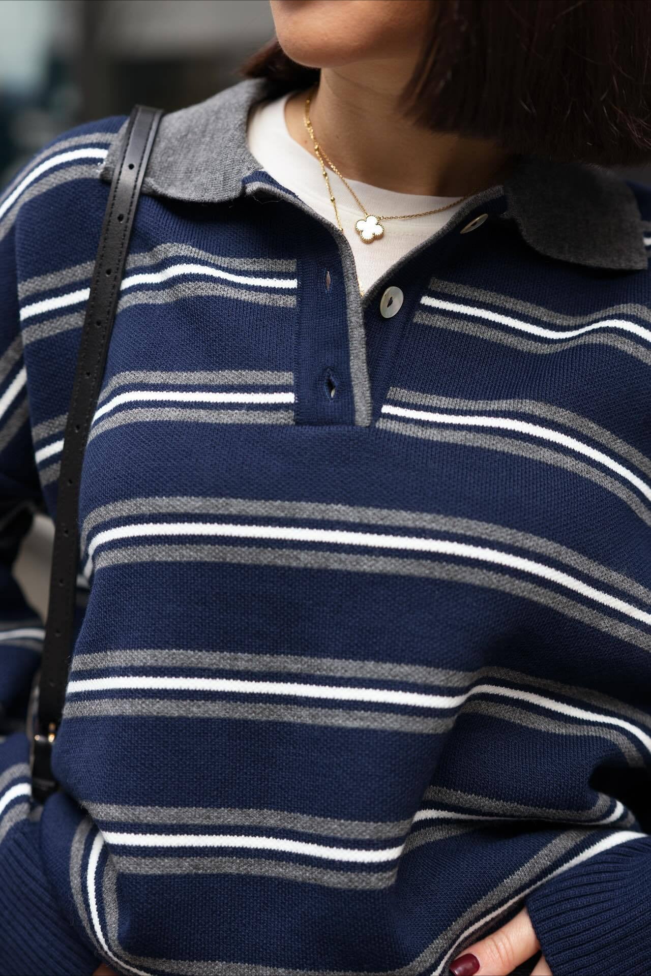 Striped Knit Pullover Collared Loose Sweater - Image 5