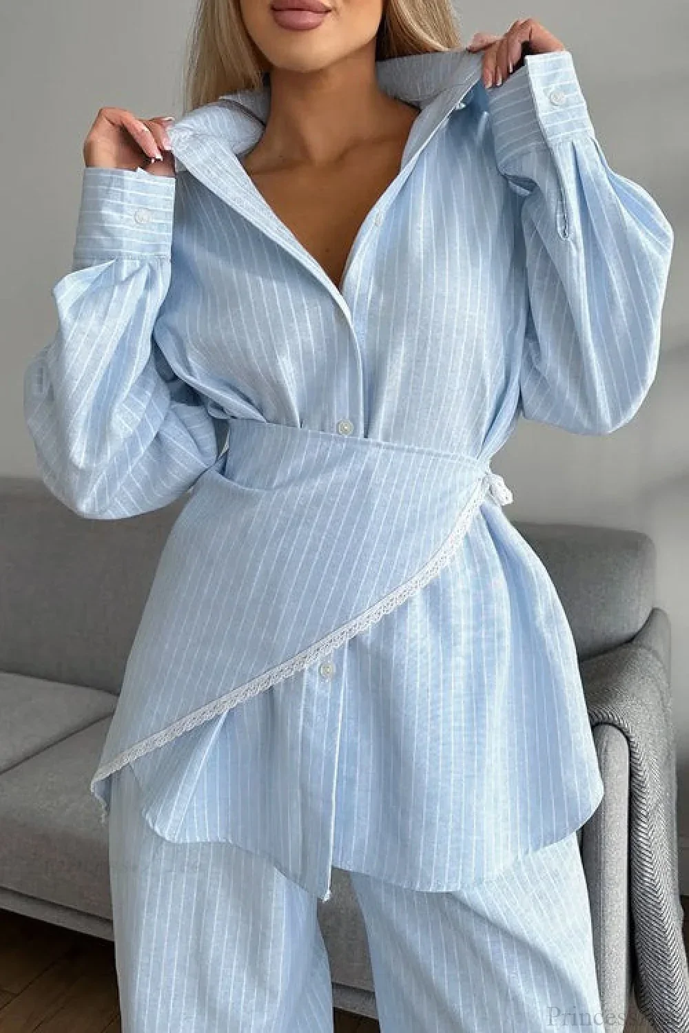 Striped Lace Casual Long Sleeve Pants Scarf Three Piece Set - Image 4