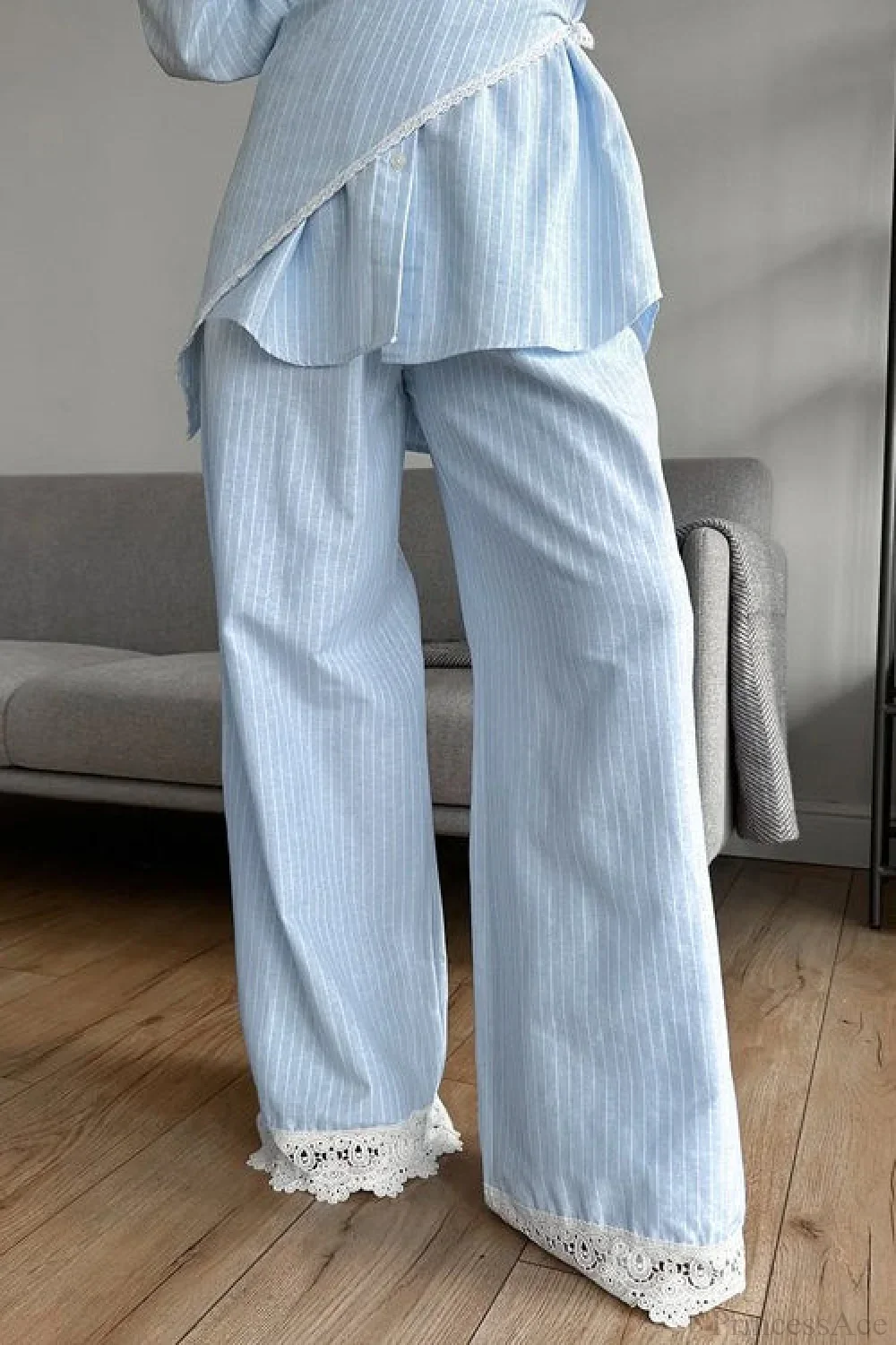 Striped Lace Casual Long Sleeve Pants Scarf Three Piece Set - Image 5
