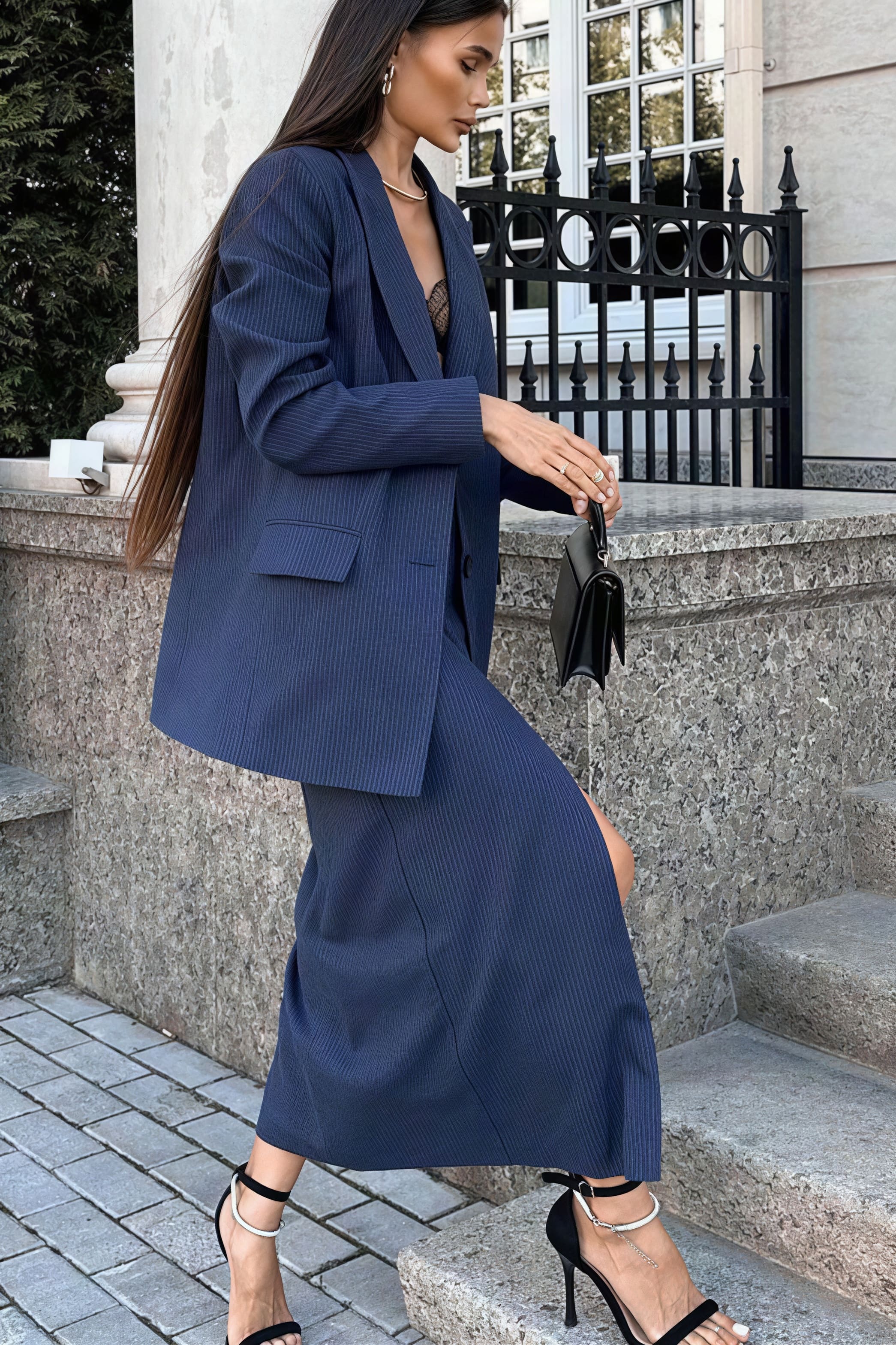Striped Lapel Long Sleeve Blazer Slit Skirt Set - Image 2