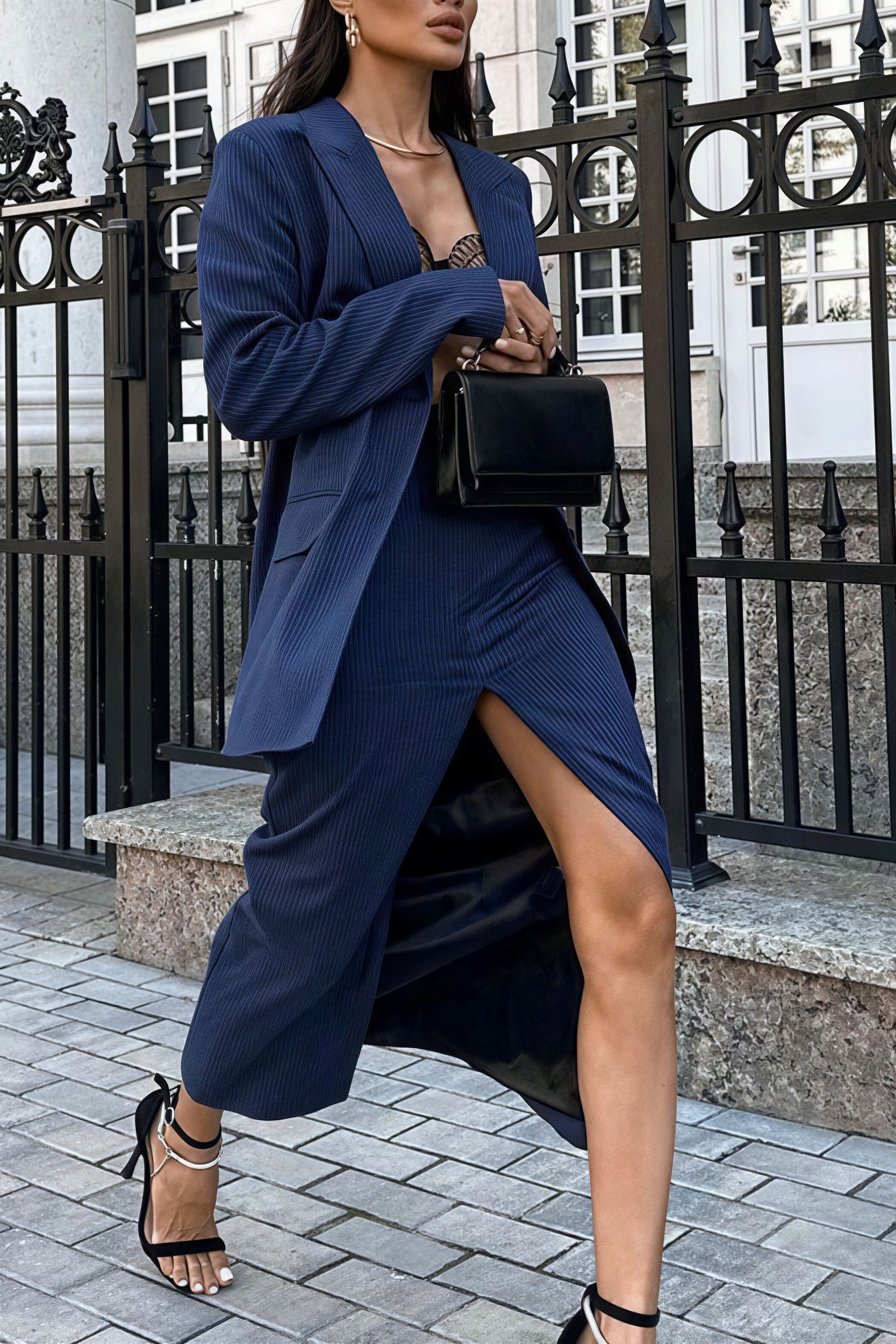 Striped Lapel Long Sleeve Blazer Slit Skirt Set - Image 3