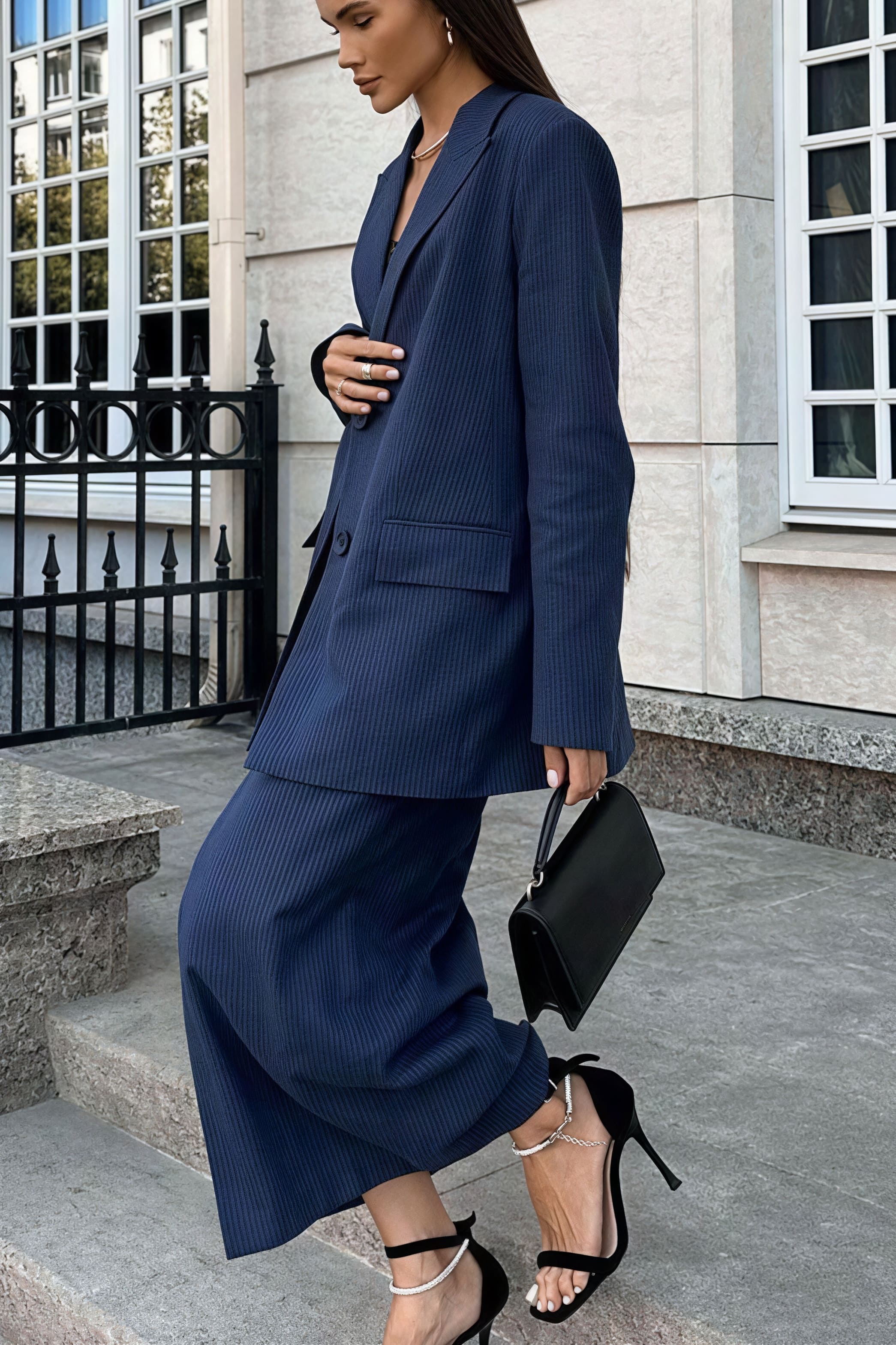 Striped Lapel Long Sleeve Blazer Slit Skirt Set - Image 5
