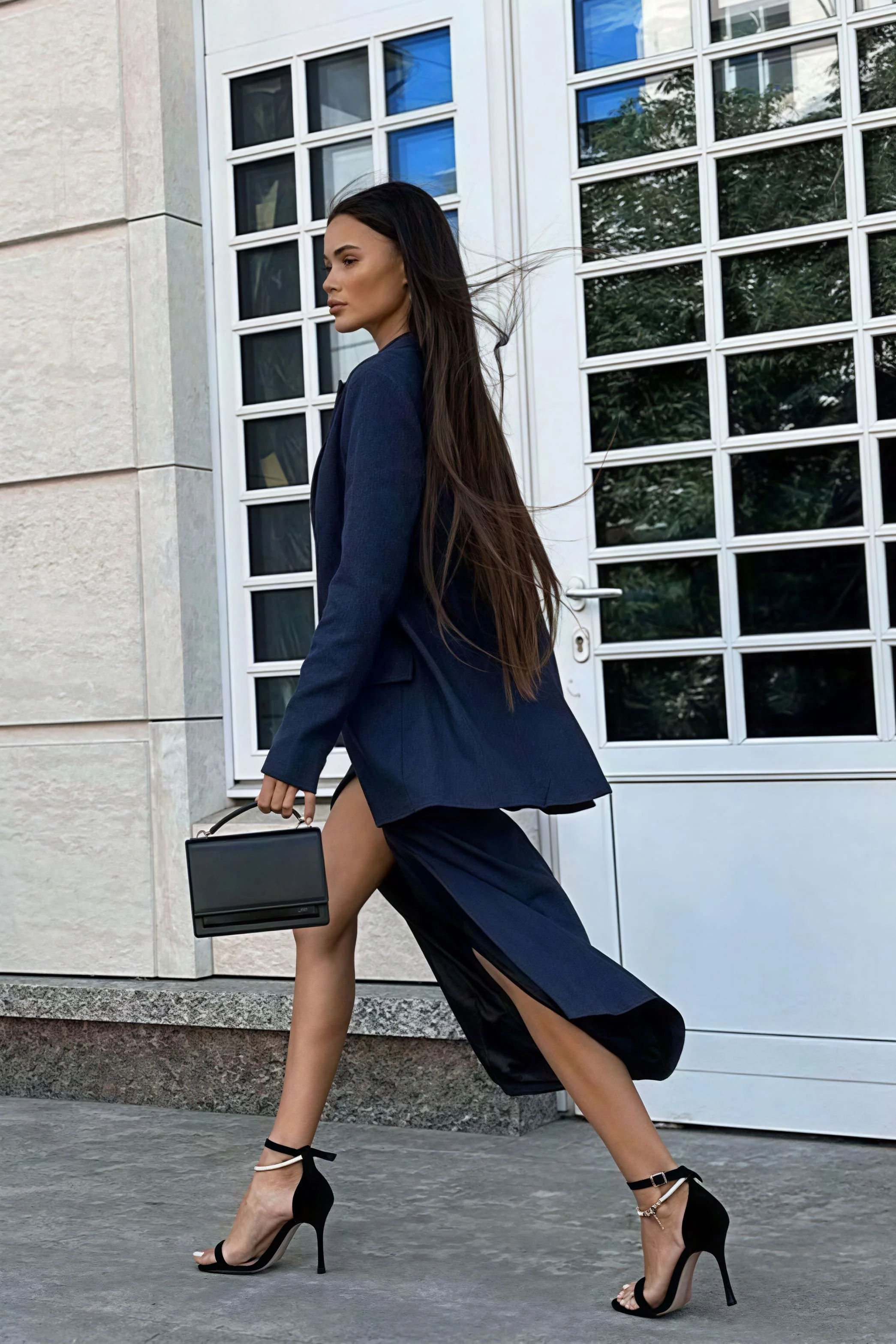 Striped Lapel Long Sleeve Blazer Slit Skirt Set - Image 7